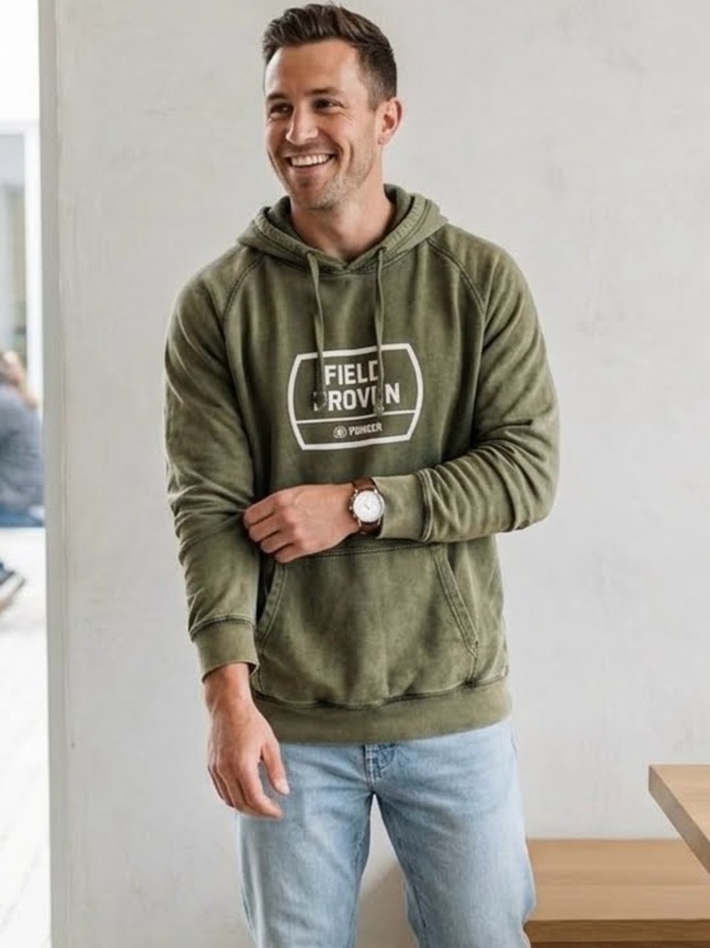 Pioneer Field Proven Washed Olive Green Vintage Hoodie Sweatshirt Men’s Large
